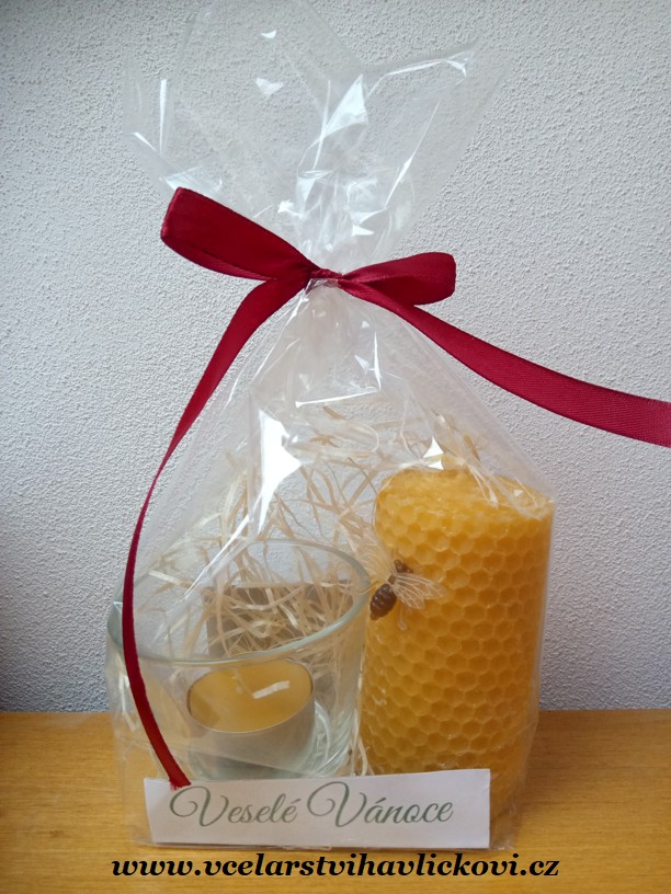 🎁 Dárkové balení svíček z 100 % včelího vosku – sada se svíčkou a skleněným svícnem 🐝